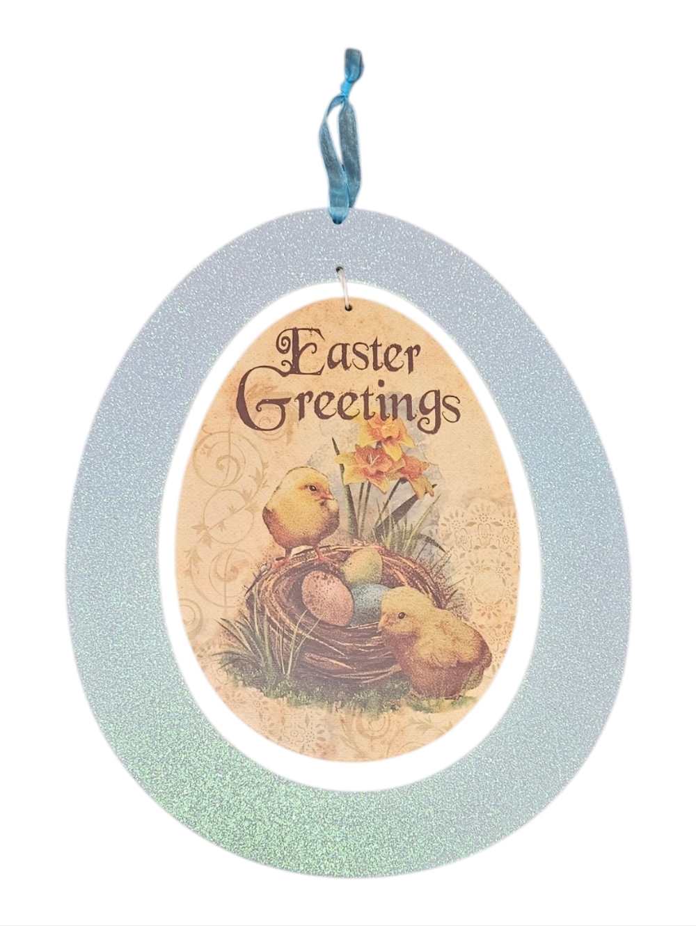 Vintage Look Easter Greetings Wall Decor Hanging Egg Sign Glitter Ribbon Chicks